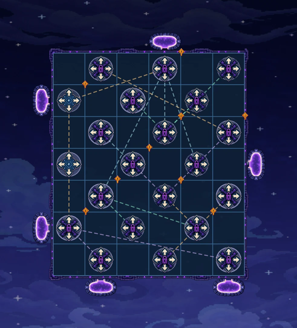 An Anansi level in MythGates with a network of Linked Runes.