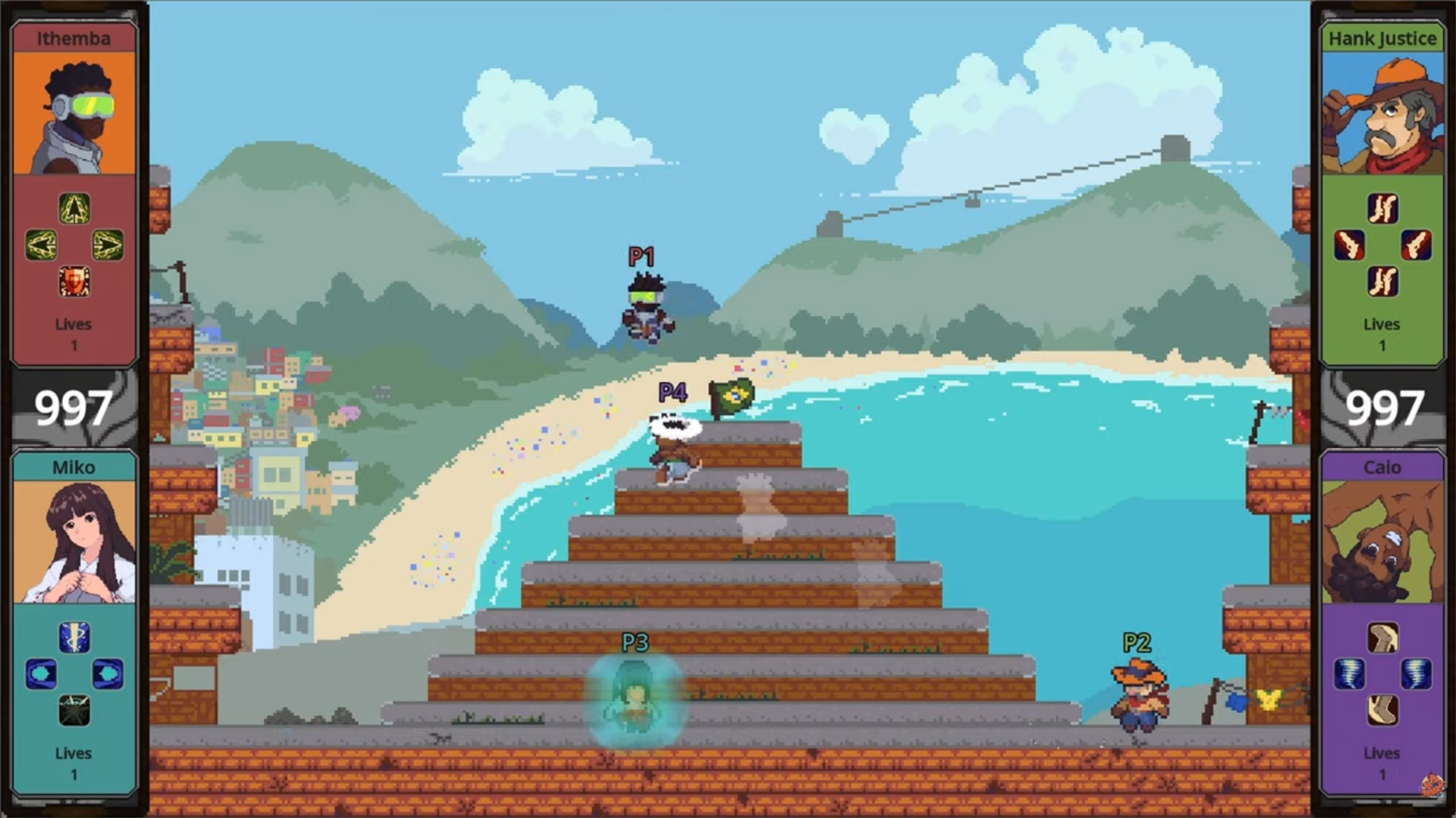 Beach View arena in Brazil, with platforms before Rio de Janeiro’s beach and hills.