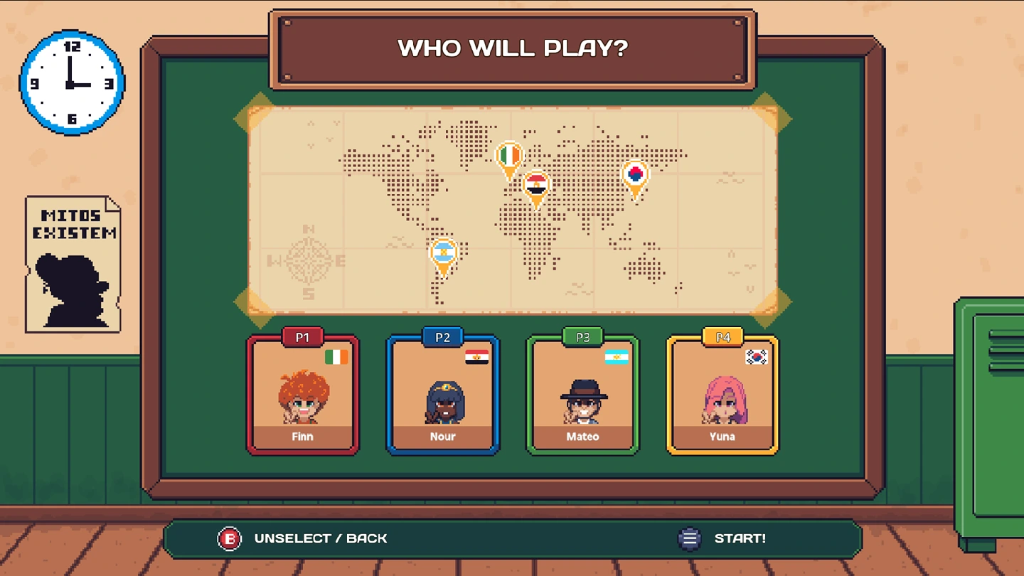 MythTag character selection screen with Finn, Nour, Mateo and Yuna.