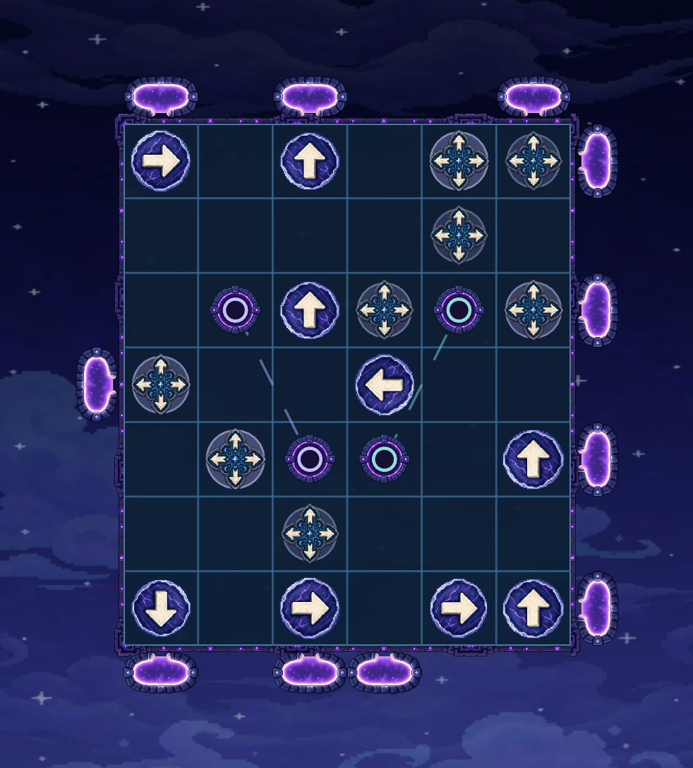 An advanced MythGates level showing the complete board with directional runes, free runes, redirectors and portals.