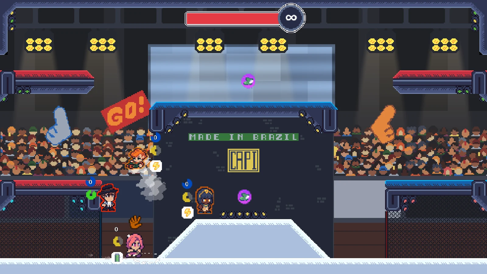 MythTag players in an arena, with items and movement elements on screen.