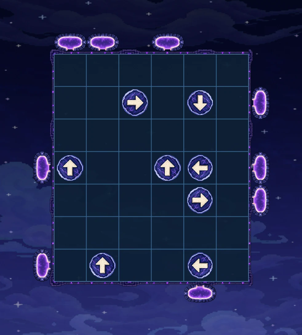 An Iara level in MythGates with directional runes and edge portals.