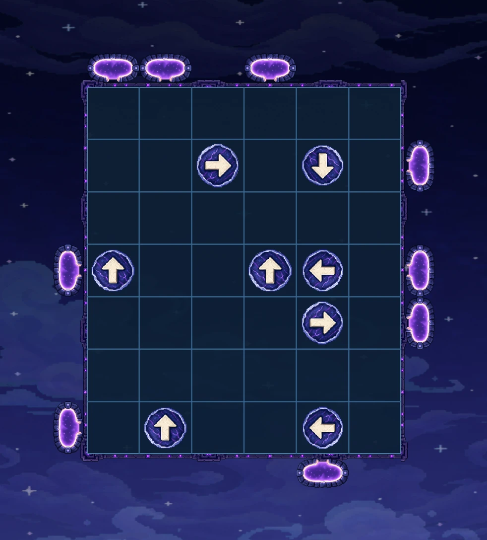 An early MythGates level showing the complete board, directional runes and edge portals under the starry sky.