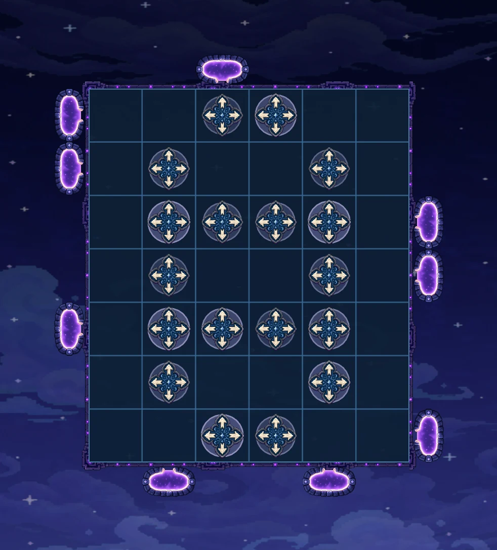 A Māui level in MythGates with four-direction Free Runes.