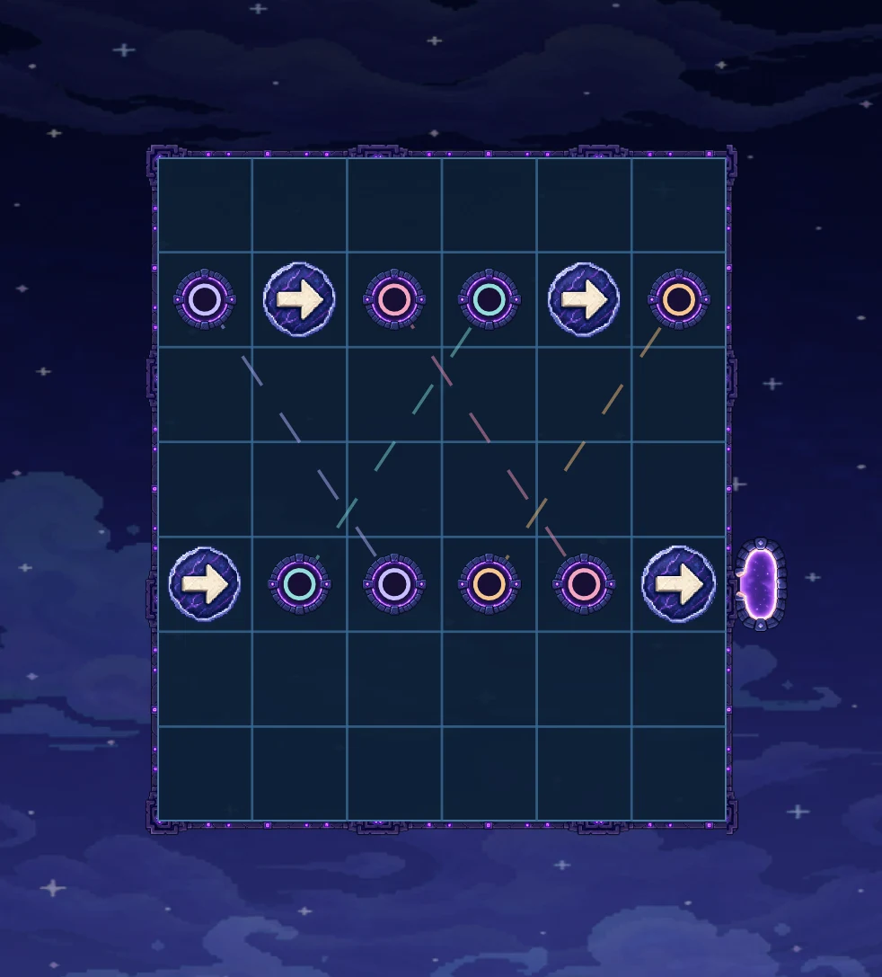 A Yggdrasil level in MythGates with chained colored portals.